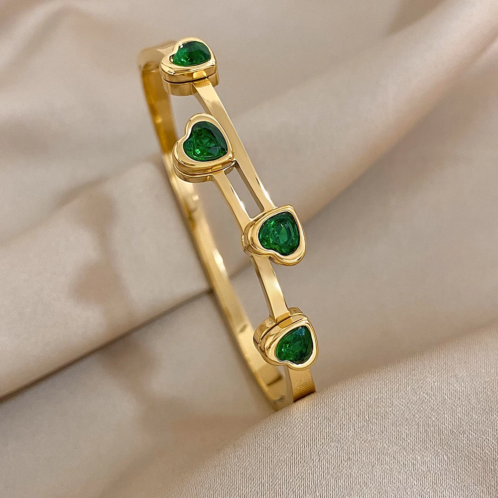Green Cubic Zirconia Love Heart Bracelets Stainless Steel Bracelets for Women Cuff Bracelets Valentine's Day Jewelry Gifts 4