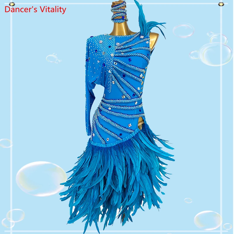 Latin Dance Competition Costumes Dress Cusomzied Single Sleeves Stones