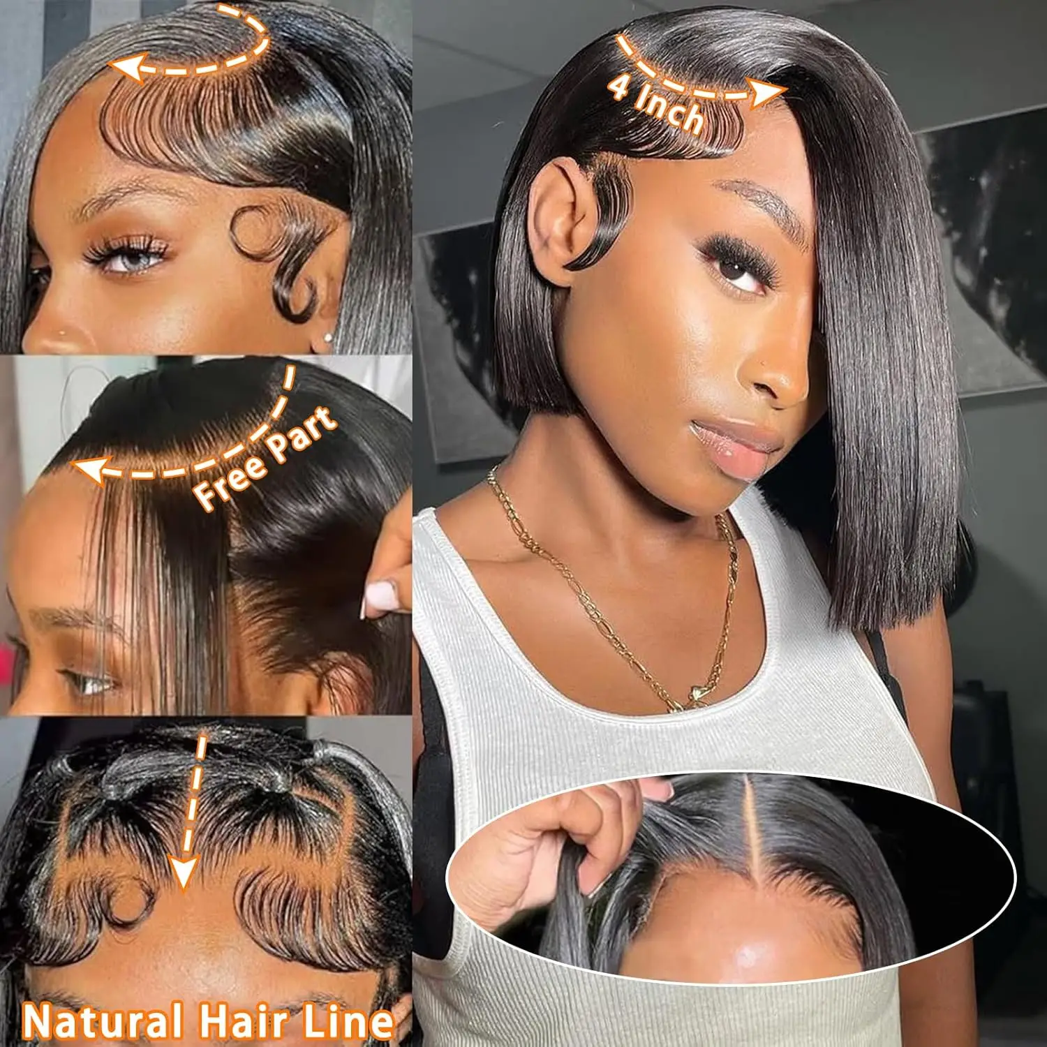 Parrucca Bob in Capelli Umani 13x4 Frontal Lace Lisci Corti, Parrucca Nera Senza Colla Pre-Rifinita con Frontale in Pizzo HD per Donne - immagine 3