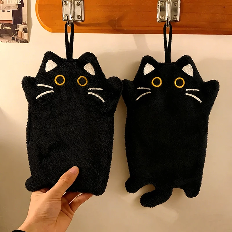 Black Cat Cartoon Hand Towel - Soft & Absorbent Coral Fleece for Kids - Halloween Pumpkin Design for Bathroom & Kitchen Use