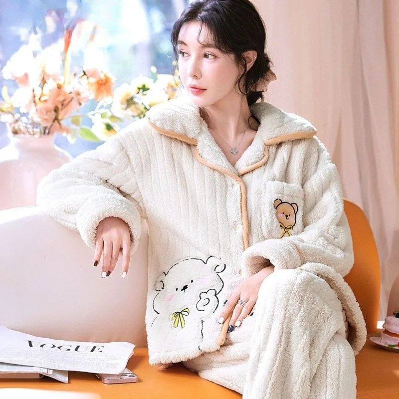 Coral Velvet Pajamas Women  Autumn Winter Thickened Famale Insulation Set Large Size Winter Plush Flannel Sweet Cute Home Wear