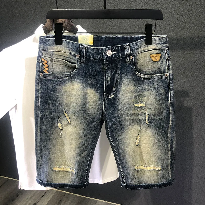 

Vintage Ripped Elasticity Denim Shorts Men Summer Thin Fashion Knee-length Frayed Middle Waist Straight Male Short Jeans Bermuda