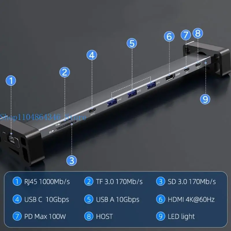 5asd Essential 9포트 USB C 어댑터 도킹 스테이션 PD100W, 더블 카드 리더기 및 이더넷 1000M으로 생산성 향상