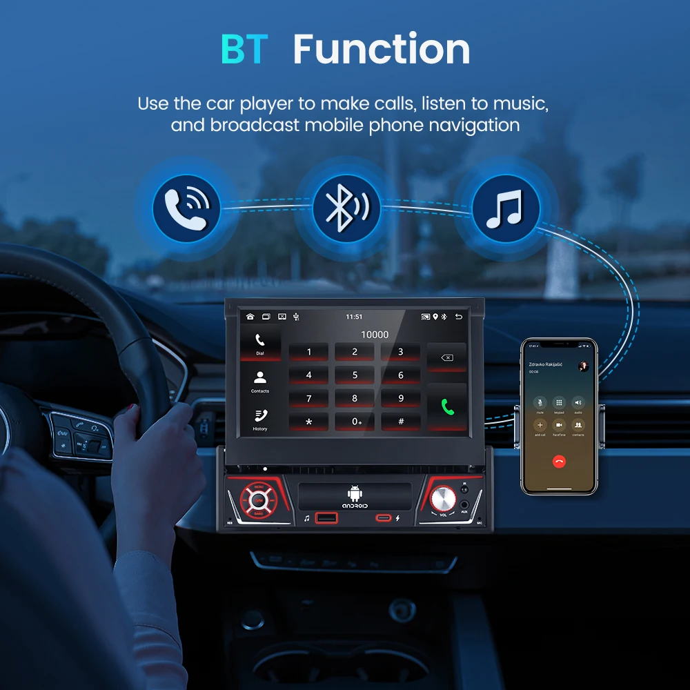 Radio para Auto GEARELEC 1 DIN, Android Carplay Universal, Pantalla Retráctil IPS de 7 Pulgadas, Navegación GPS, Reproductor Multimedia Android 14, Pantalla Carplay 6
