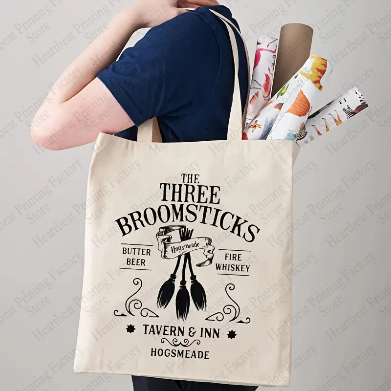 

Three Broomsticks Pattern Canvas Tote Bag Magic Broom Graphics Reusable Shopping Bags Best Gift for Magic Enthusiasts Beach Bag