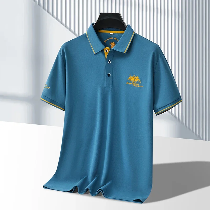 Polo da uomo in tinta unita ricamata a maniche corte casual da lavoro, alla moda, traspirante, confortevole, estiva, versatile