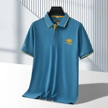 Polo da uomo in tinta unita ricamata a maniche corte casual da lavoro, alla moda, traspirante, confortevole, estiva, versatile
