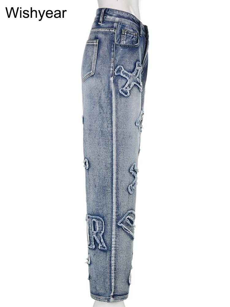 High Waist Letter Ripped Jeans Fashion Women Winter Straight Trousers Denim Baggy Pants Spring Ladies Y2K Streetwear Wholesale