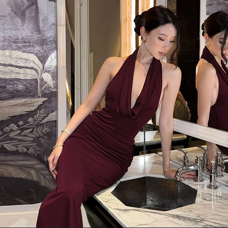 Hugcitar Neckholder-Kleid mit Schwingkragen, einfarbig, gerüscht, rückenfrei, sexy, figurbetont, Maxi-Abschlussballkleid, elegante Damenkleidung, Abendparty, Festival – Detail 11