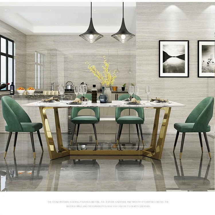 Description Picture 2 of itemMavisun Nordic Stainless Steel Dinette Combination Simple Designer Creative Luxury Rectangular Marble Dining Table With 6 Chairs