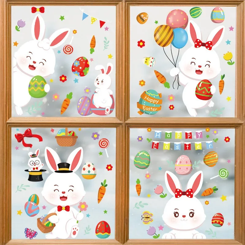 1 Sheet Happy Easter Window Stickers Rabbit Eggs Carrot Chick Electrostatic Wall Stickers Bunny Decoration for Easter Party