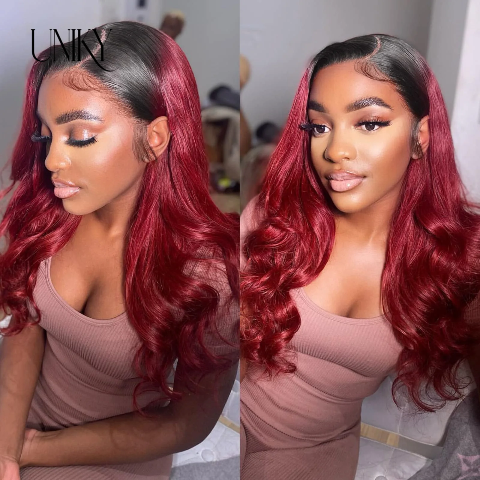 

13x4 Loose Body Wave Wig Burgundy Lace Front Human Hair Wig For Women T1B/99j Ombre TwoTone Human Hair Wig Body Wave Frontal Wig