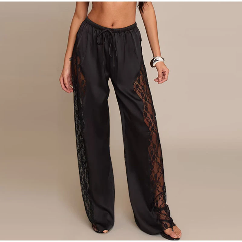 Casual Lace Satin Patchwork Pants Women See Through High Waist Lace Up Straight Trousers 2026 Spring Lady Solid Chic Trouser