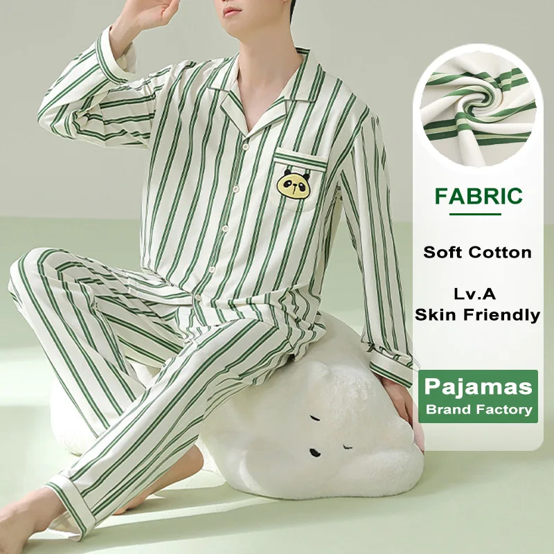 

Autumn New Antibacterial Cotton Fresh Striped Men Pajamas Long Sleeved Casual Turndown Collar Men Sleepwear