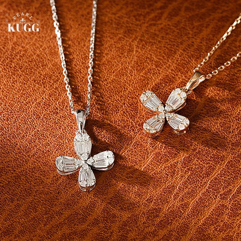 

KUGG 18K White or Rose Gold Necklace Real Natural Diamond Necklace Luck Four-Leaf Clover Shape Exquisite Jewelry Gift for Women