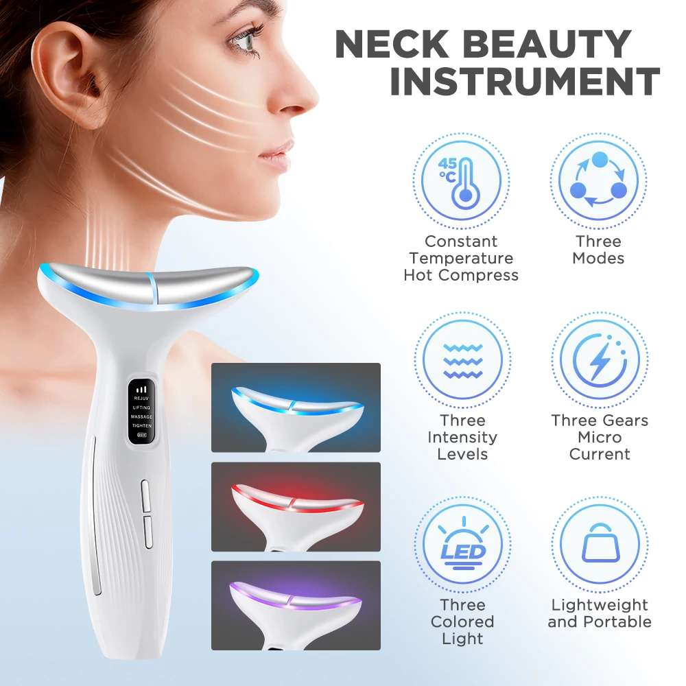 7 Colors LED Lights Face Neck Beauty Device Vibration Massage Improve Neck Lines Home Use Face Lifting Machine 7 Modes 3 Levels