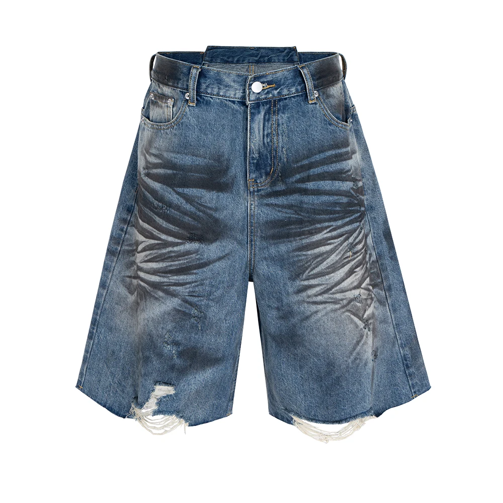 High Street Wrinkled Washed Dirty Dyed Vintage Ripped Distressed Baggy Five Point Pants Oversized Denim Shorts for Men