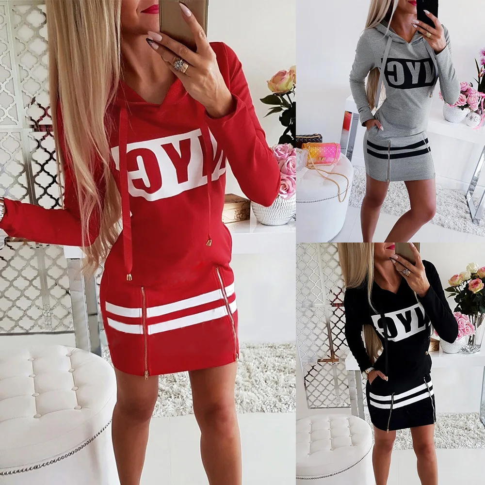 

Dress Fashion Hooded Zipper Pocket Long Sleeve Dress
