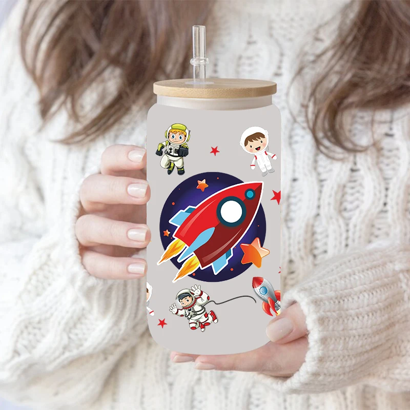 UV DTF Space Galaxy Astronaut and Planet Can Glass Wrap Printed For 16oz Libbey Glasses Can Wraps D11371