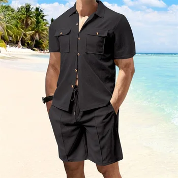 Casual Men s Summer Set Stylish Short Sleeve Button Up Shirt and Comfortable Elastic Waist Shorts in Solid Colors for Beach 1