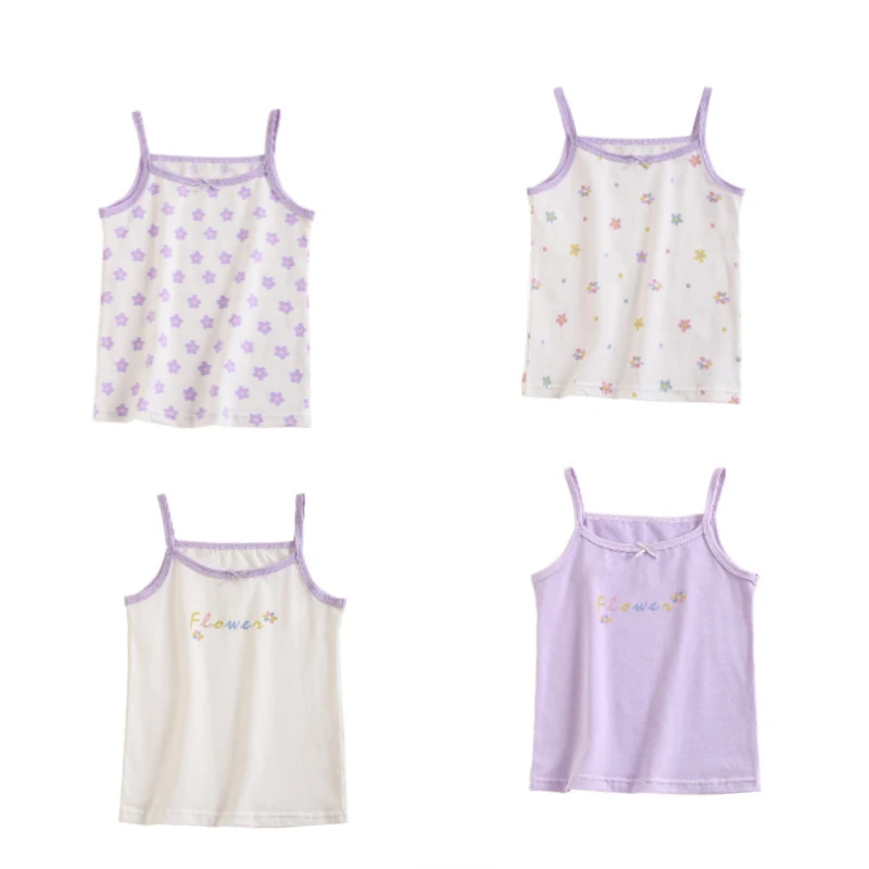 Spring Summer Baby Girl Tank Camisole Lace Girl Clothes Underwear T Shirt Sleeveless Tees Floral Kids Outfits Children 4pcs/lot