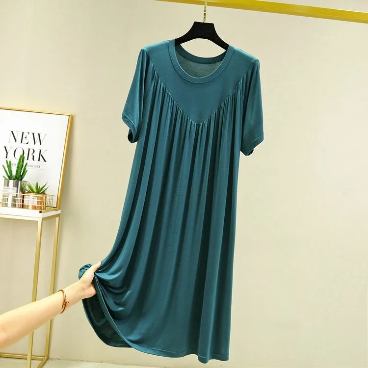 JIAYAN Summer Nightgown Thin Modal Loose Large Size Dress Solid Color Sleep Shirts Women's Pleated A-line Pajama