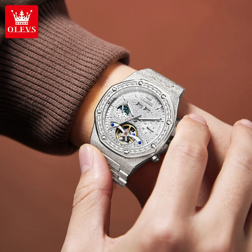 OLEVS 9805 Man Watch Hollow Skeleton Auto Date Moon Phase Waterproof Watch For Men Luxury Diamond Male Mechanical Wristwatch