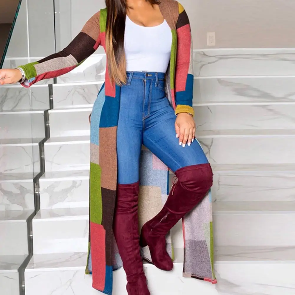 컬러블록 긴팔 캐주얼 롱라인 가디건 코트, 우아한 가을, 봄, 신상 패션, 여성 의류