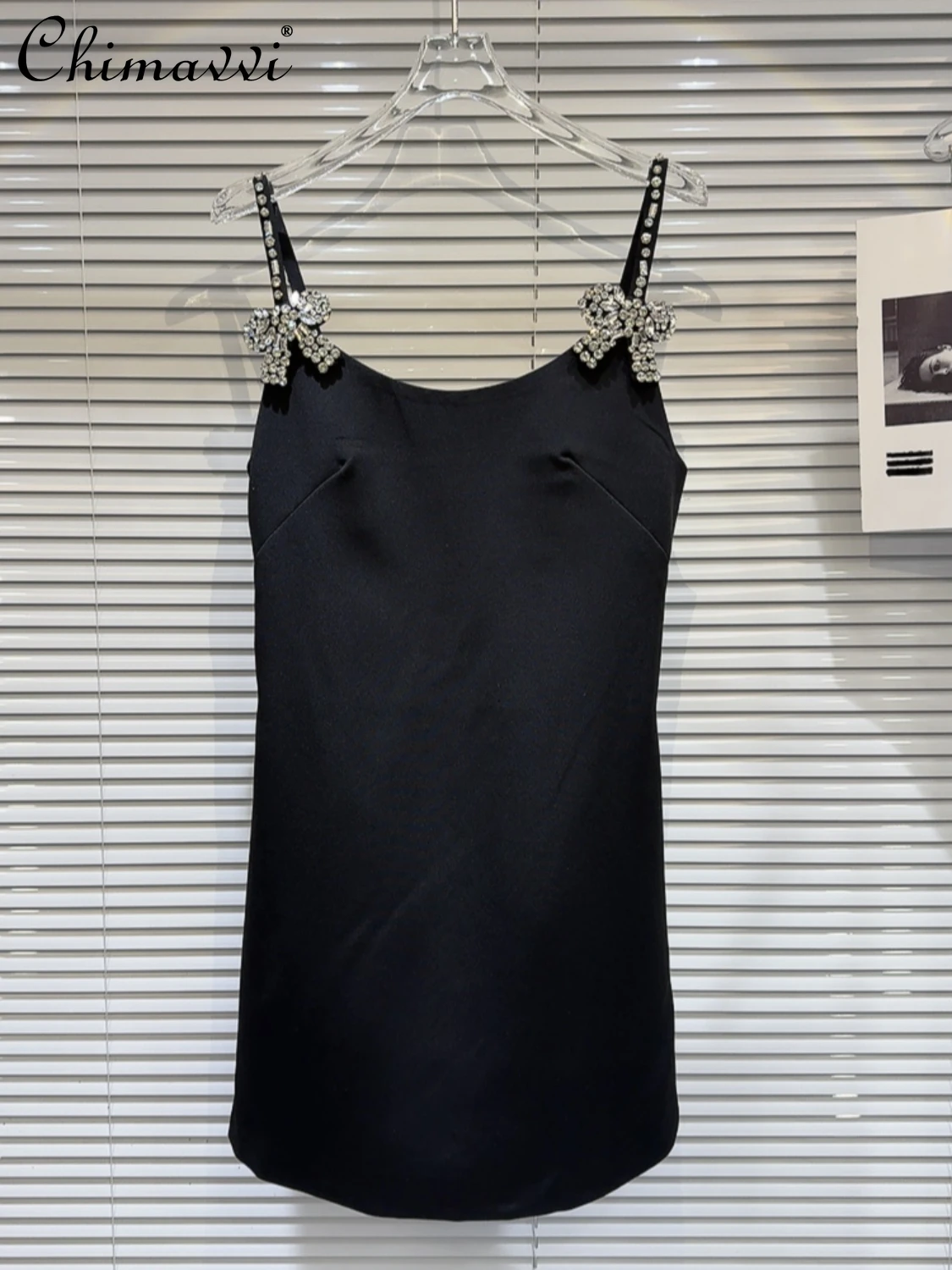 

Luxury Sexy Black Dress for Women 2023 Winter DressesNew Fashion Rhinestone Bow Shoulder Strap Slim-fit Hot Girl Strap Dress