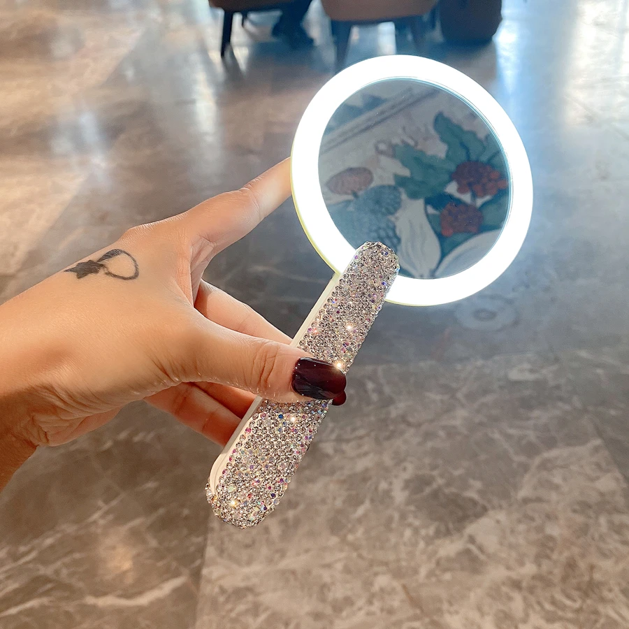 

Rotatable Rhinestones Handle Makeup Mirror Beauty Salon With LED Light USB Chargeable Portable Folding Cosmetic Mirror for Gift