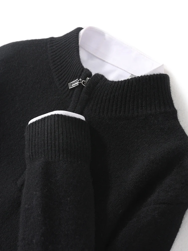 Men Mock Neck Zipper Sweaters 100% Merino Wool Pullover Casual Fashion Clothing Autumn Winter Thick Cashmere Knitwear Tops