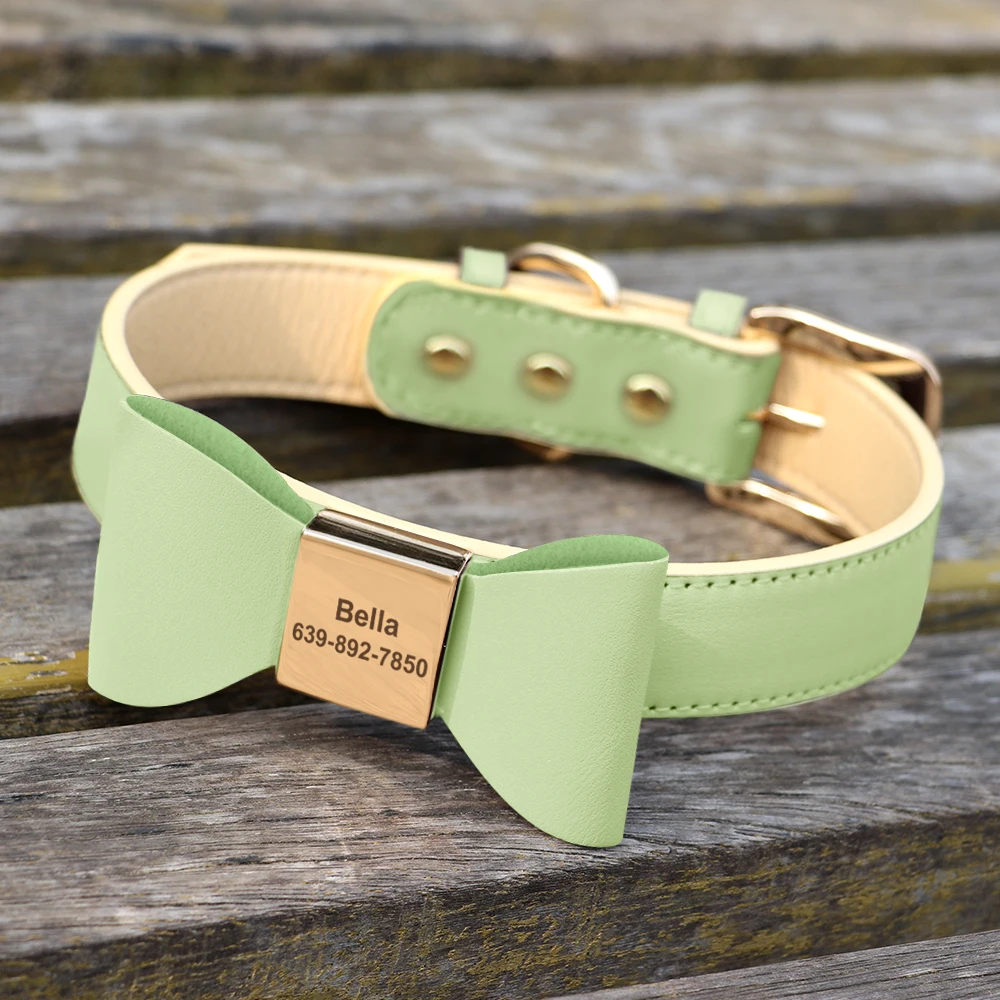 Personalized Dog Collar Cute Bowknot Engraved Dog Collars PU Leather Puppy Cat Necklace Adjustable for Small Medium Large Dogs