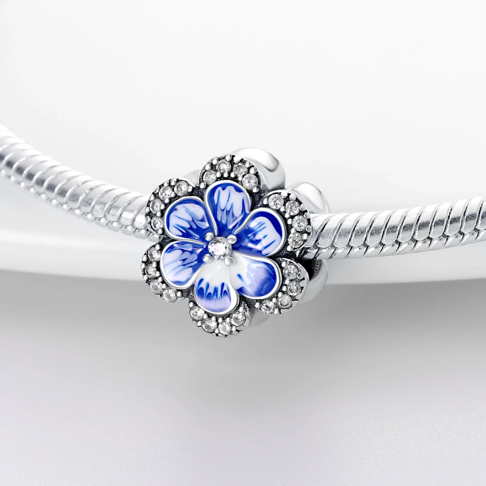 Sterling silver beads charm 100% Sterling Silve 925 Butterfly Sparkling Pansy Flower Charm For Original Pandora Bracelet Bangle Jewelry Making