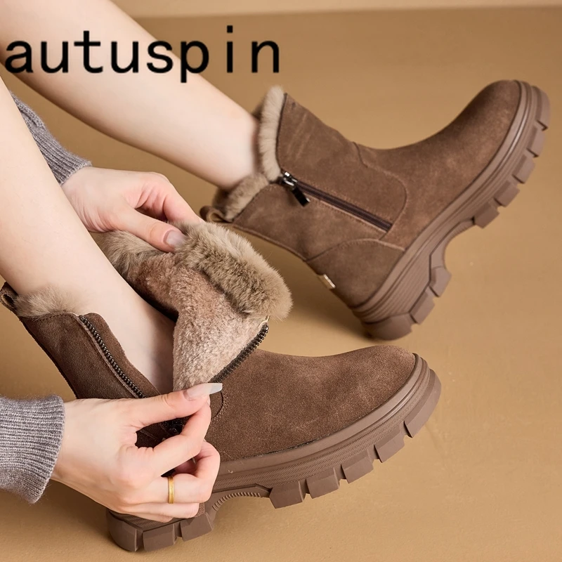 AUTUSPIN New Suede Leather Women Snow Boots Outdoor Leisure Flats Platforms Ladies Shoes Fashion Side Zipper Warm Plush Boot