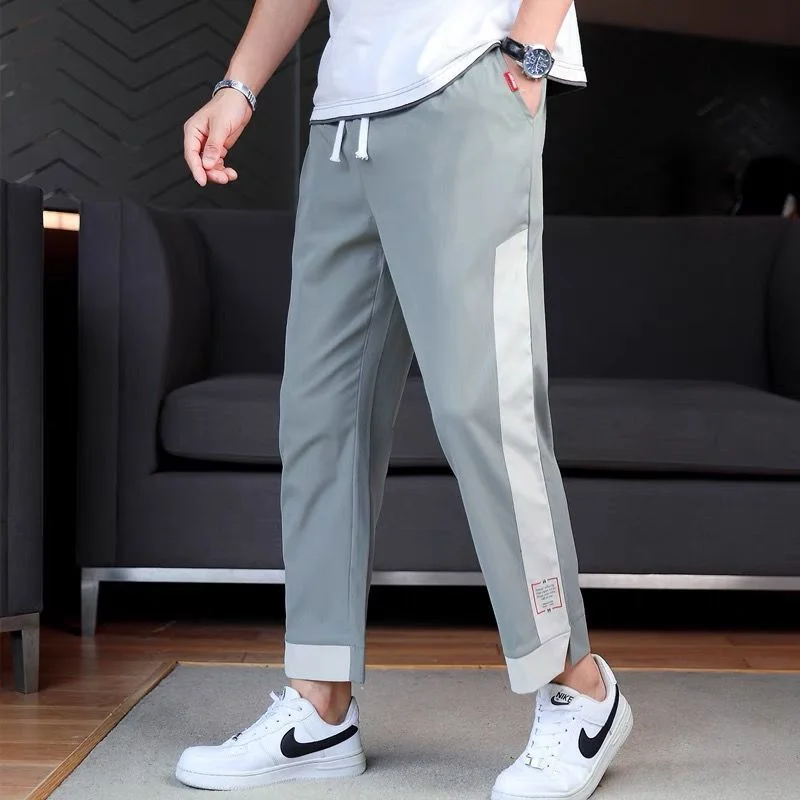 Korean Summer New Loose Versatile Casual Pants Men's Panelled Elastic Waist Drawstring Pockets Patchwork Thin Harlan Trousers