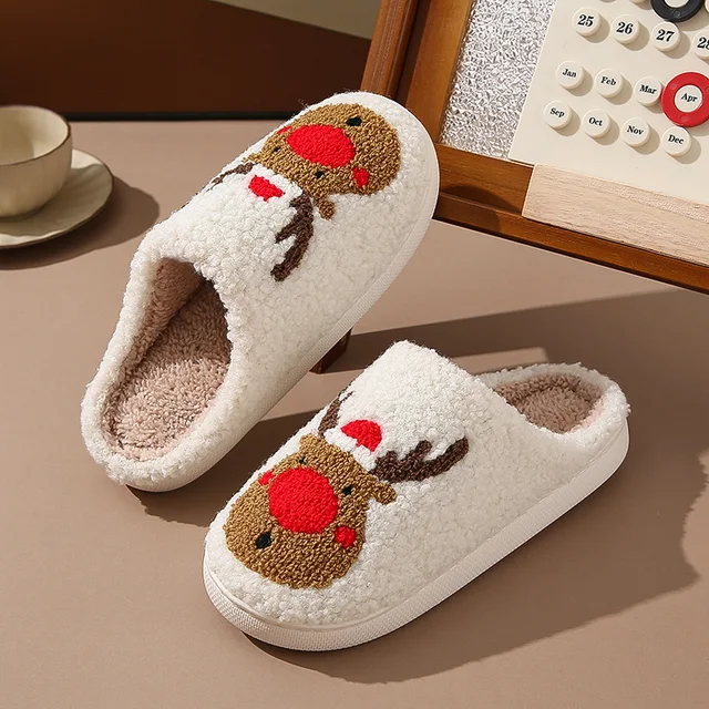 Christmas Elk Warm Cotton Slippers Women Winter Comfortable Home Slides Cute Furry Reindeer Warm Plush Sandals for Men Women 2