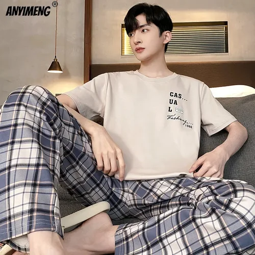 신제품 여름 코튼 남성 잠옷, 플러스 사이즈 4XL, 우아한 나이트 웨어, 짧은 소매 격자 무늬 바지 잠옷, 젊은 남성용 잠옷 세트 2