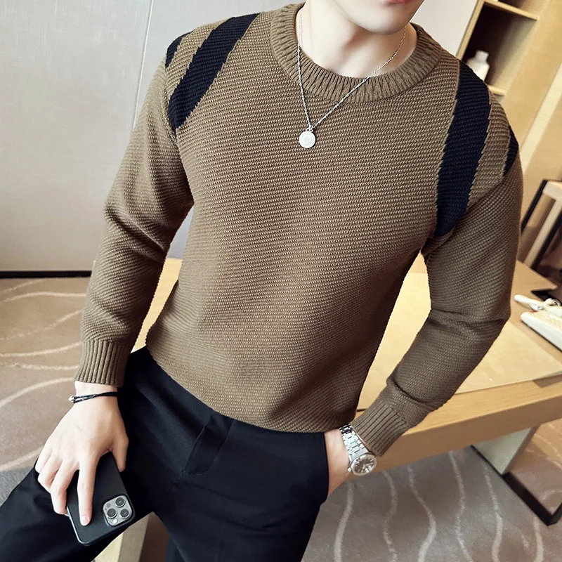 

Top Quality Men's New Waffle Color Mens Fall/ Winter Crew-neck Sweater Men's Pullover Stylish Casual Slim Sweater Men's Knitwear