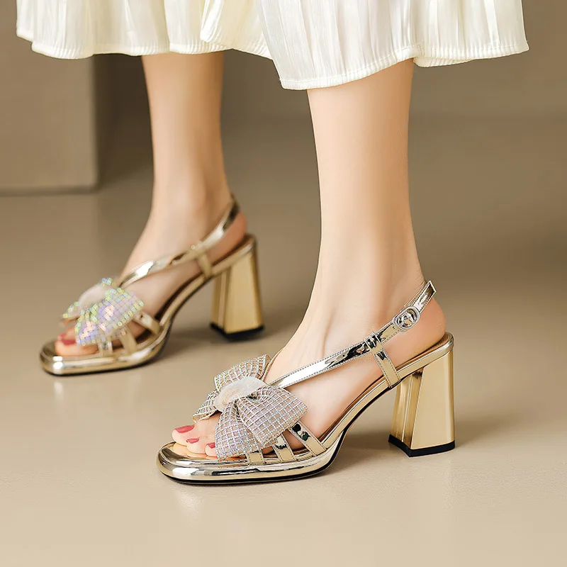 

Phoentin Summer Woman sexy high quality Sandals chunky High Heels Dress Party shoes Silver gold butterfly-knot sandal FT2692