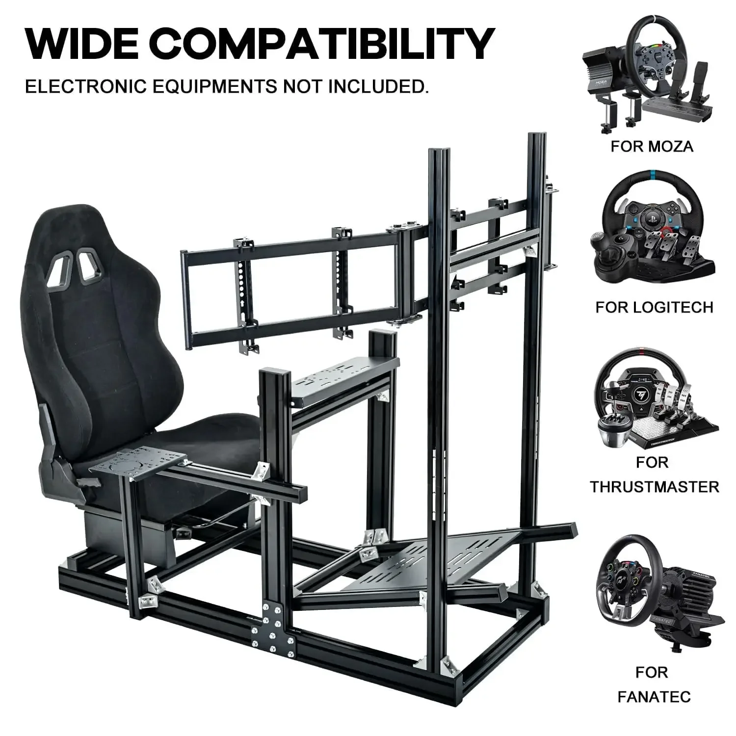 Aluminum Racing Simulator Cockpit, Triple Monitor Mount, Black Seat, Compatible Logitech/Thrustmaster/Fanatec, Multi-Adjustable 3