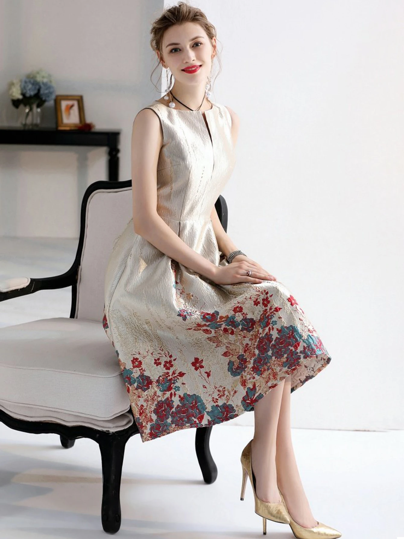 فساتين جاكار نسائية ، ثوب بلا أكمام ، ملابس غير رس...