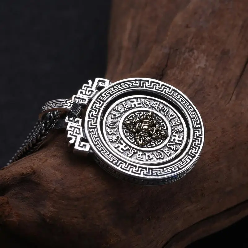 

925 Sterling Silver Jewelry Men Women Diamond Turn Pendant Thai Silver Retro six-word Mantra Chain Pendant