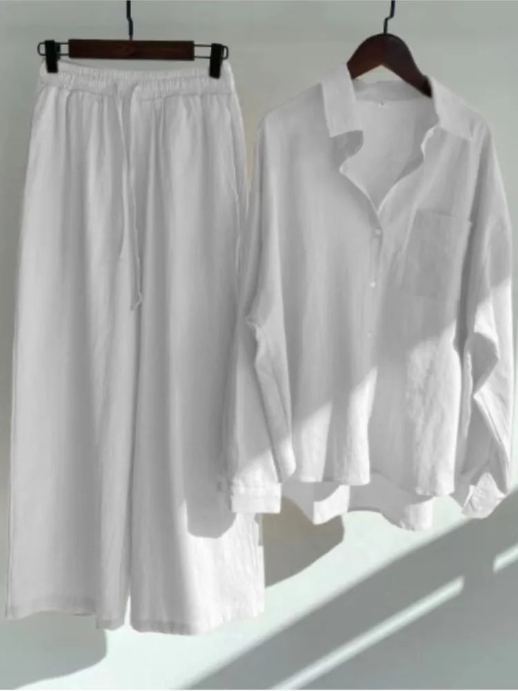 Fashion Button Long Sleeve Shirt + Pants Two Piece Sets Woman 2024 Spring Summer Cotton Linen Casual Home 2 Piece Set For Women