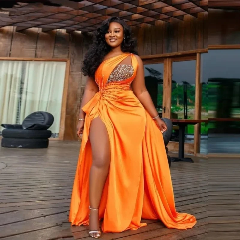 

African Orange Sexy One Shoulder Prom Dresses Sequins Beaded Ruffles Evening Gowns High Split Formal Party Dress 2023
