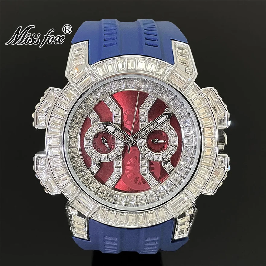 

New Iced Watches Men Luxury Moissanite Waterprof Clocks Blue Fashion Silicone Strap Quartz Jewelry Automatic Date Week Reloj