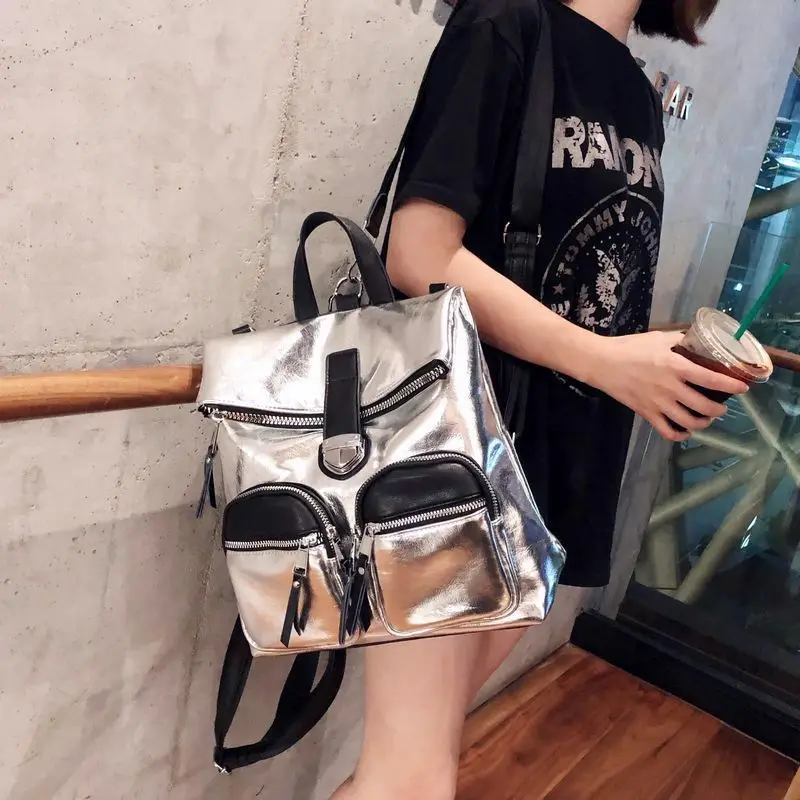 

Women Large Capacity Backpacks Silver Genuine Leather Female Fashion Bag School Bags Travel Bagpack Ladies Bookbag Rucksack