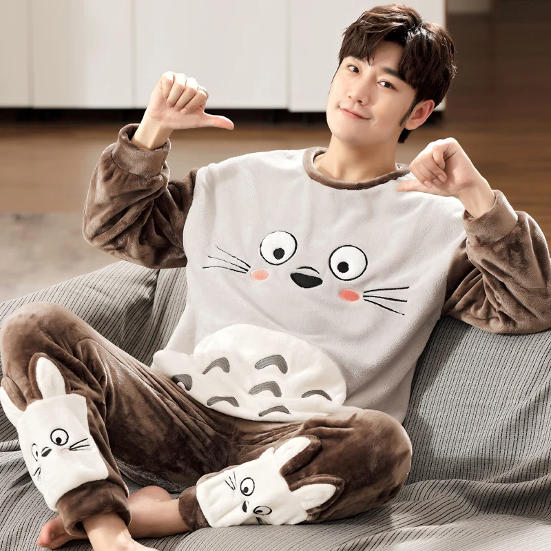 3XL 4XL 5XL 95kg Nightwear Long Sleeve Winter Warm Flannel Pajamas Sets Print Sleepwear Long Pant Male Men Pajama Set men's loungewear sets Men's Sleep & Lounge