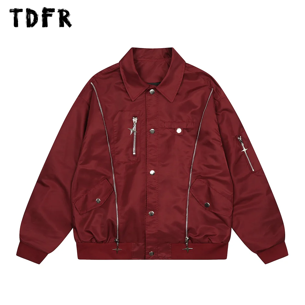 

Zipper Decoration Baseball Jacket Mens Solid Color Pleated Sleeves Autumn Casual Loose Lapel Long Sleeve Outerwear Men