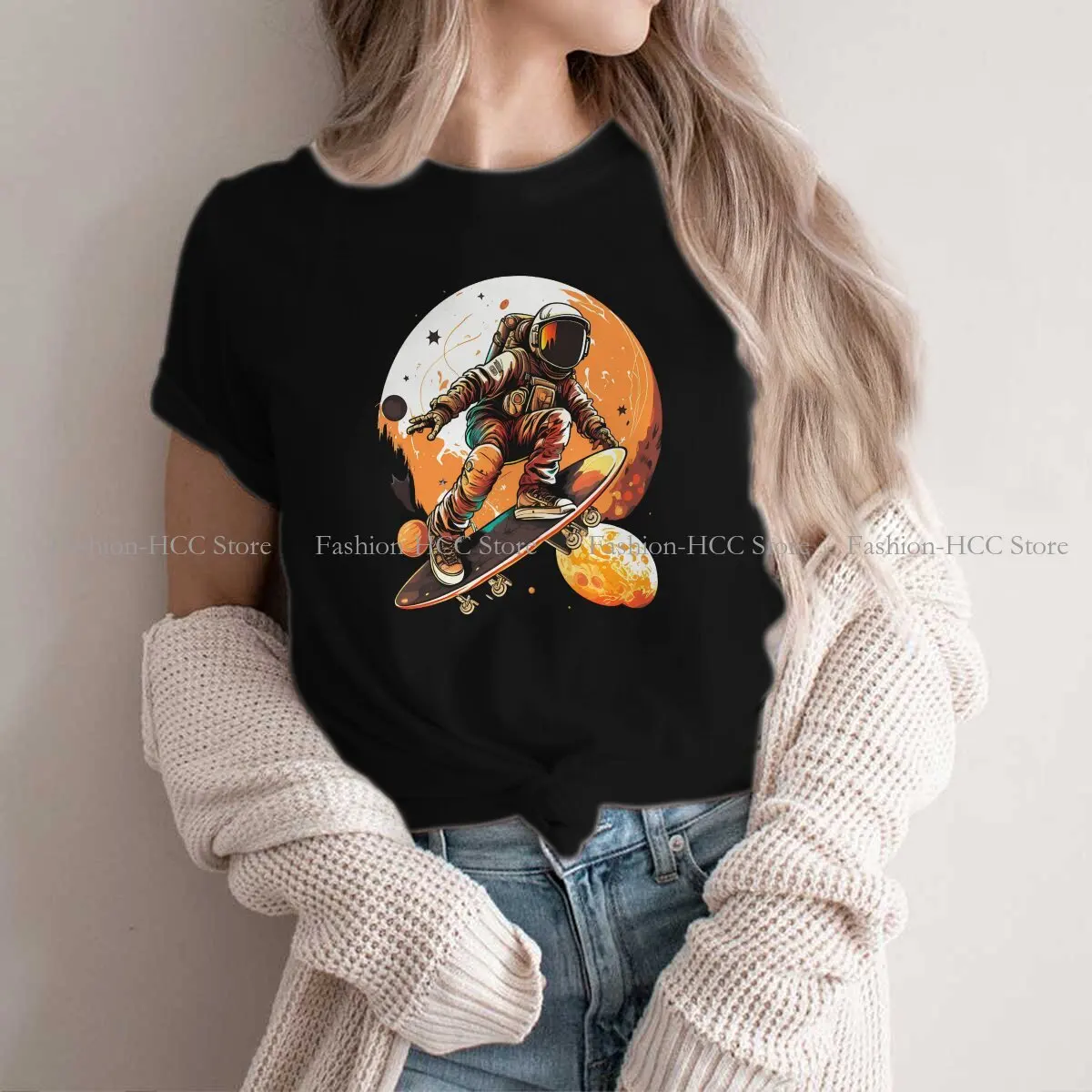 

Cosmic Explorer Polyester TShirts Astronaut Travels In Outer Space On A Skateboard Print Homme T Shirt Funny Tops