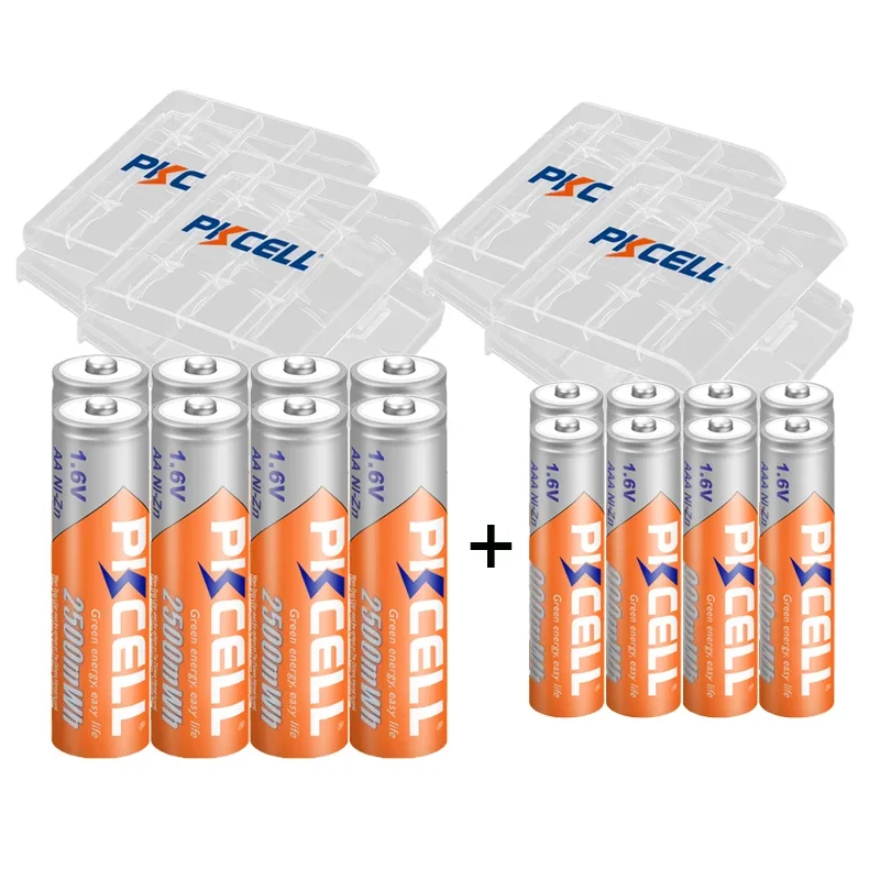 

PKCELL 8PC AA 2500MWH Batteries +8PC NI-ZN AAA 900MWH Battery 1.6V NIZN AAA/AA Rechargeable Batteries with 4 Battery Box Holder